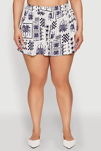 Womens Plus Checkered Palm Print Shorts,