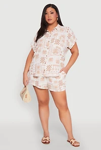 Womens Plus Checkered Palm Print Shorts, Khaki,