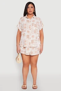 Womens Plus Size Checkered Palm Print Shorts, Khaki, Size 2X