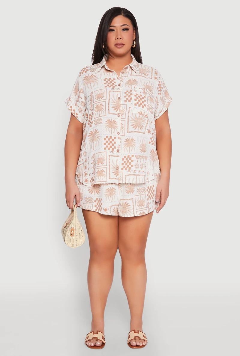 Womens Plus Checkered Palm Print Shorts, Khaki,