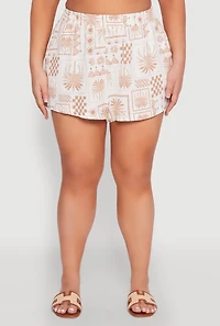 Womens Plus Checkered Palm Print Shorts, Khaki,