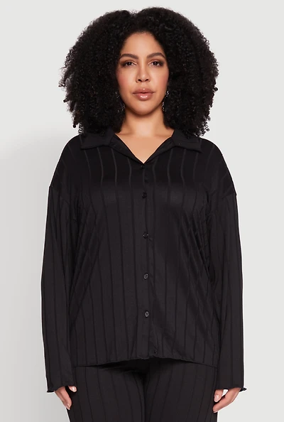 Womens Plus Ribbed Knit Button Front Shirt,