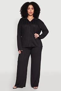 Womens Plus Ribbed Knit Button Front Shirt,