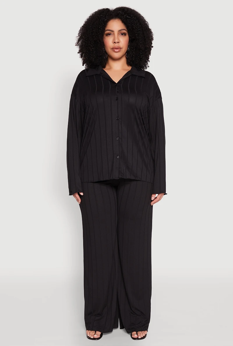 Womens Plus Ribbed Knit Button Front Shirt,