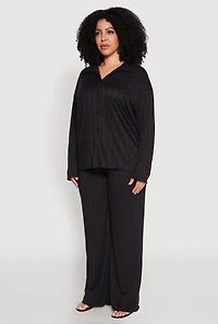 Womens Plus Ribbed Knit Button Front Shirt,