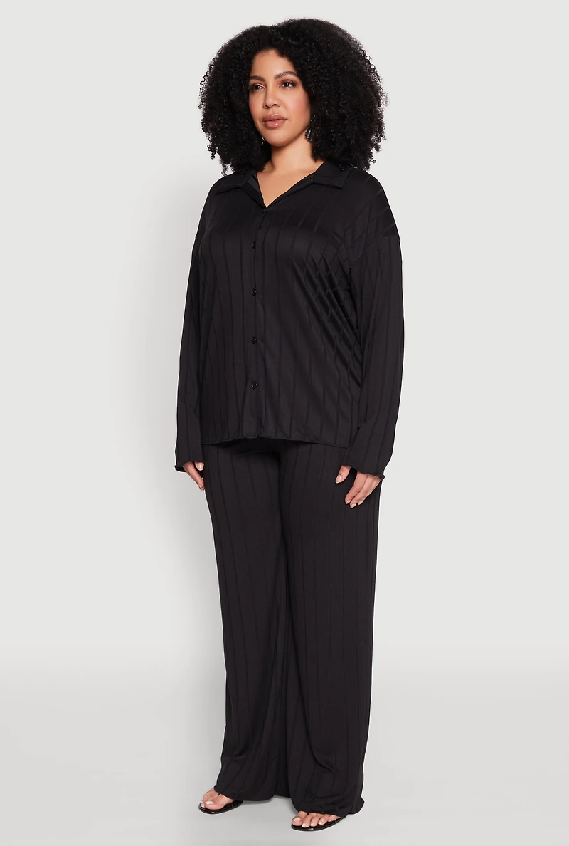 Plus Ribbed Knit Button Front Shirt