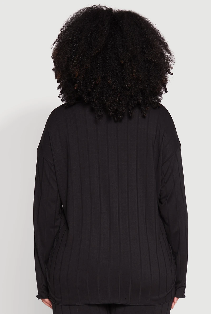 Womens Plus Ribbed Knit Button Front Shirt,