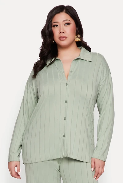 Womens Plus Ribbed Knit Button Front Shirt,