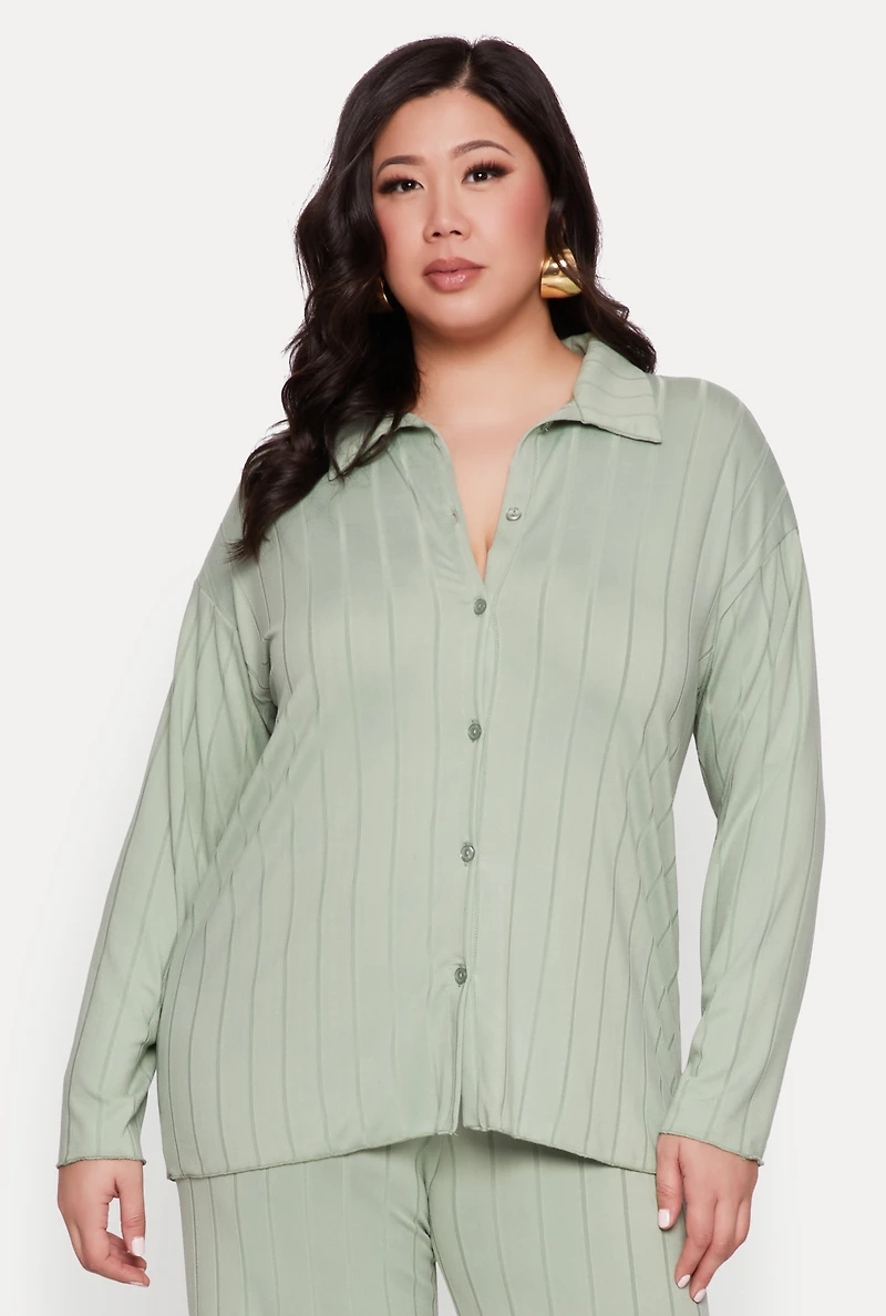Womens Plus Ribbed Knit Button Front Shirt, Green,
