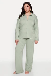 Womens Plus Ribbed Knit Button Front Shirt, Green,