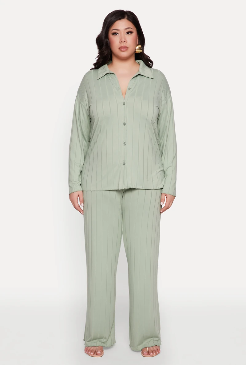 Womens Plus Ribbed Knit Button Front Shirt, Green,