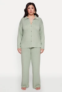 Womens Plus Ribbed Knit Button Front Shirt, Green,