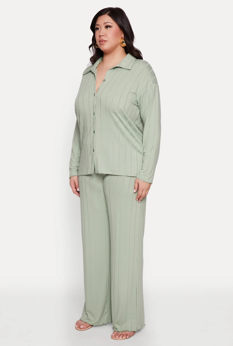 Womens Plus Ribbed Knit Button Front Shirt, Green,