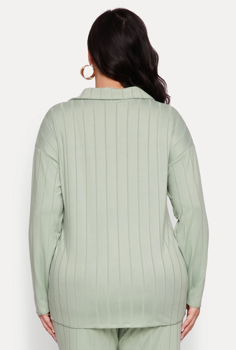 Womens Plus Ribbed Knit Button Front Shirt, Green,