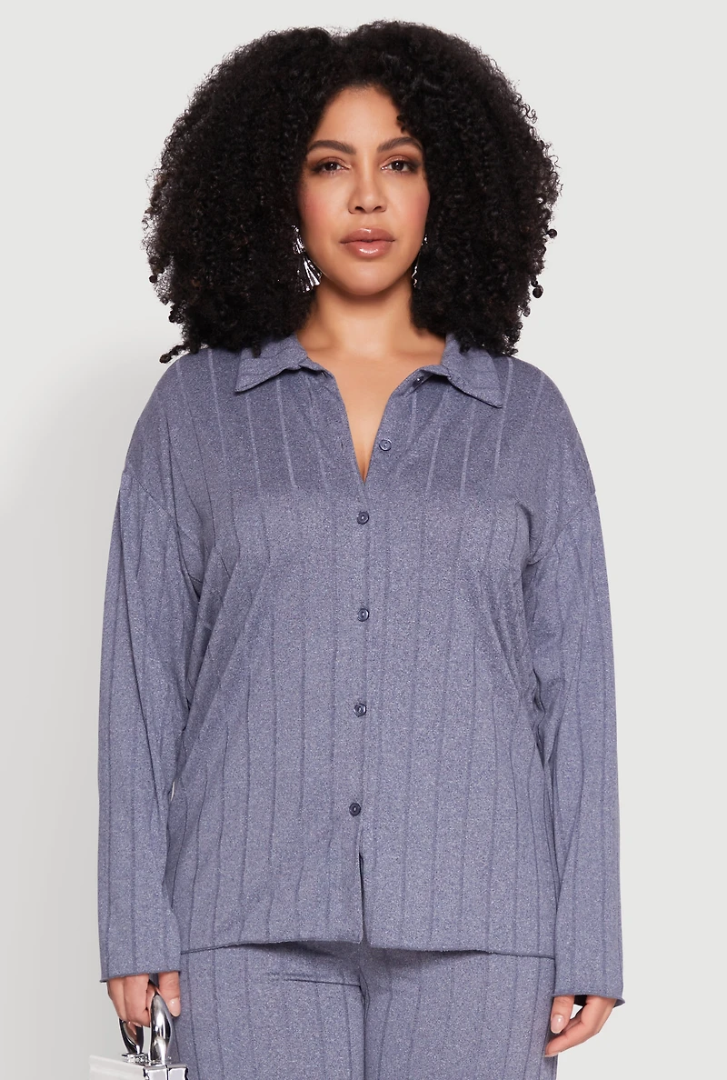Womens Plus Size Ribbed Knit Button Front Shirt, Blue, Size 2X