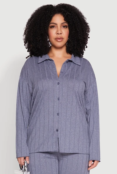 Womens Plus Size Ribbed Knit Button Front Shirt, Blue, Size 2X