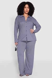 Womens Plus Size Ribbed Knit Button Front Shirt, Blue, Size 2X