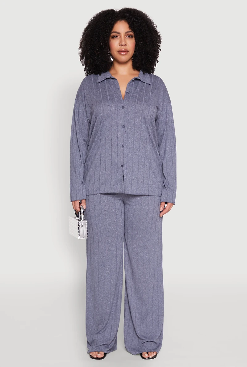 Womens Plus Size Ribbed Knit Button Front Shirt, Blue, Size 2X