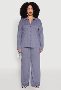 Womens Plus Size Ribbed Knit Button Front Shirt, Blue, Size 2X