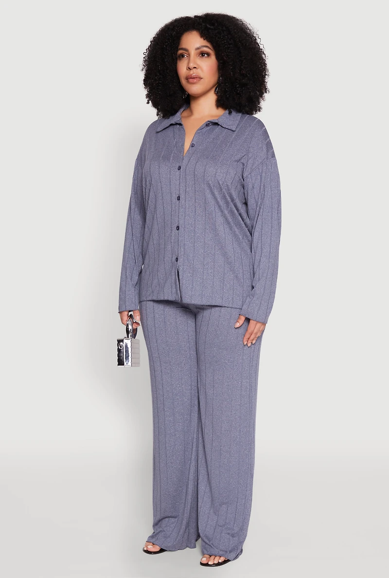 Womens Plus Size Ribbed Knit Button Front Shirt, Blue, Size 2X