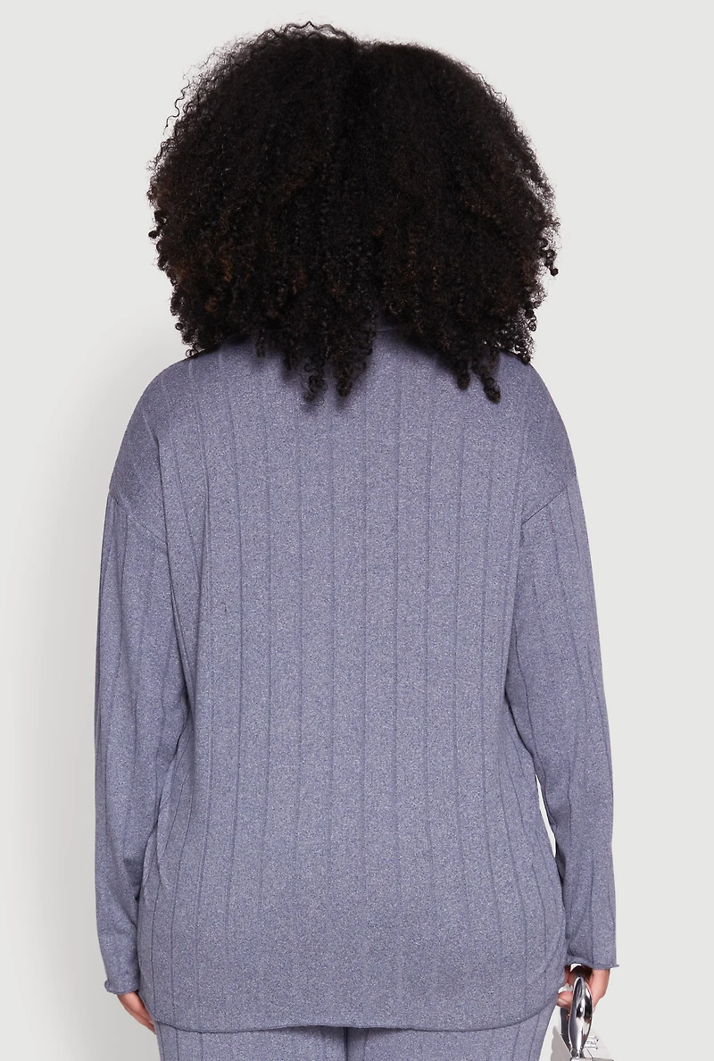 Womens Plus Size Ribbed Knit Button Front Shirt, Blue, Size 2X