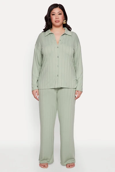 Womens Plus Size Ribbed Knit Wide Leg Pants, Green, Size 2X