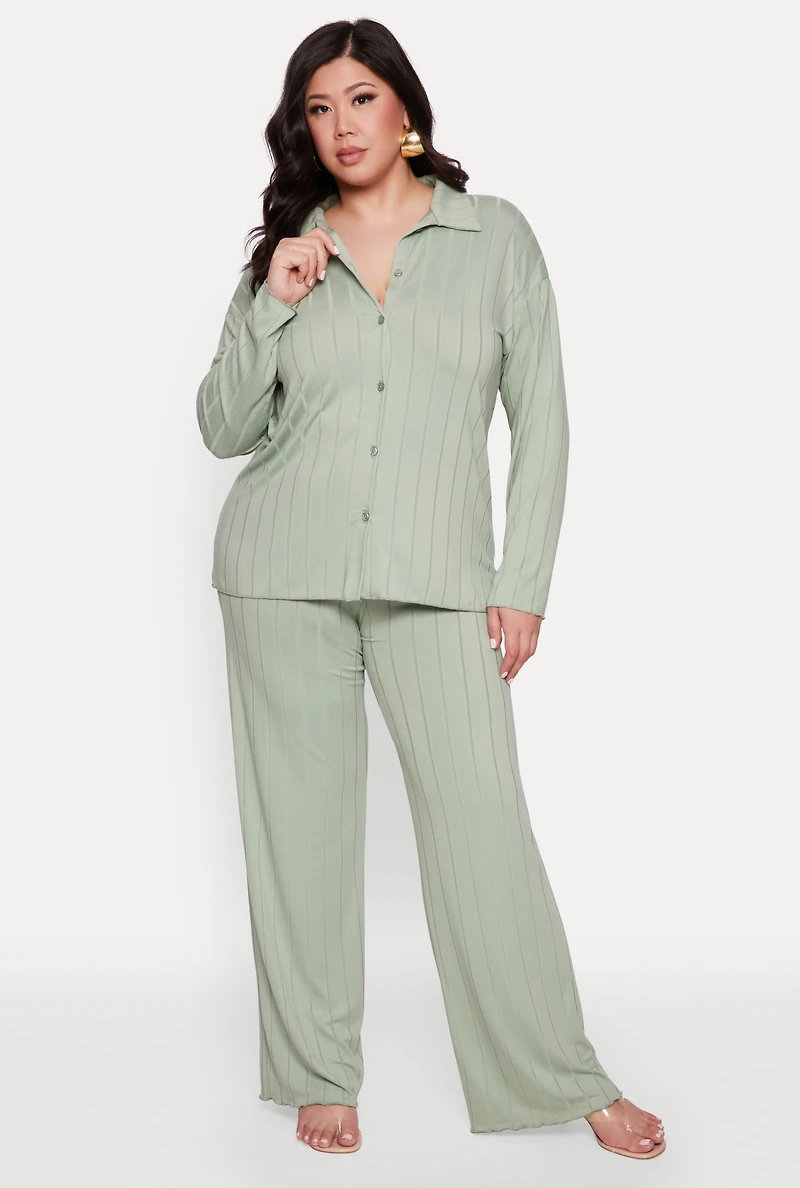 Womens Plus Size Ribbed Knit Wide Leg Pants, Green, Size 3X