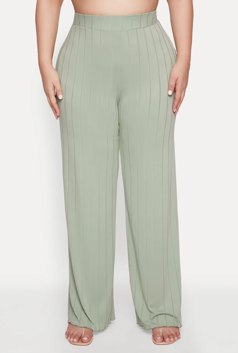 Womens Plus Size Ribbed Knit Wide Leg Pants, Green, Size 3X