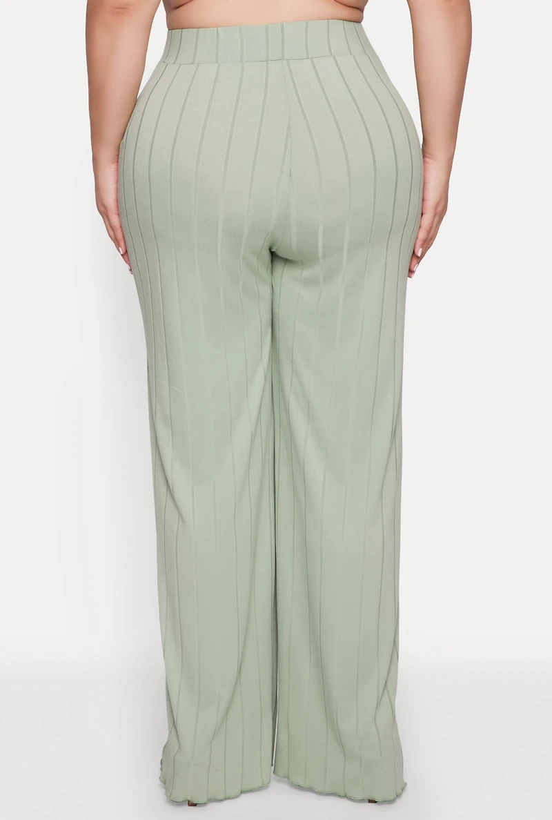 Womens Plus Size Ribbed Knit Wide Leg Pants, Green, Size 3X