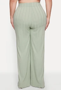 Womens Plus Size Ribbed Knit Wide Leg Pants, Green, Size 3X