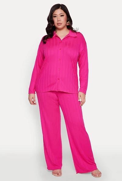 Womens Plus Size Ribbed Knit Wide Leg Pants, Pink, Size 2X
