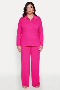 Womens Plus Size Ribbed Knit Wide Leg Pants, Pink, Size 2X