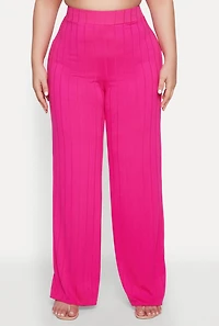 Womens Plus Ribbed Knit Wide Leg Pants, Pink,