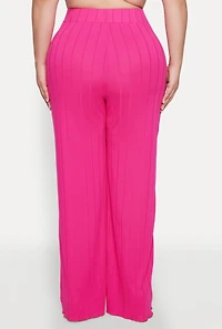 Womens Plus Ribbed Knit Wide Leg Pants, Pink,