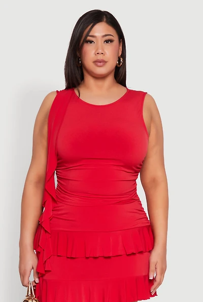 Womens Plus Size Ruffle Trim Ruched Blouse, Red, Size 3X