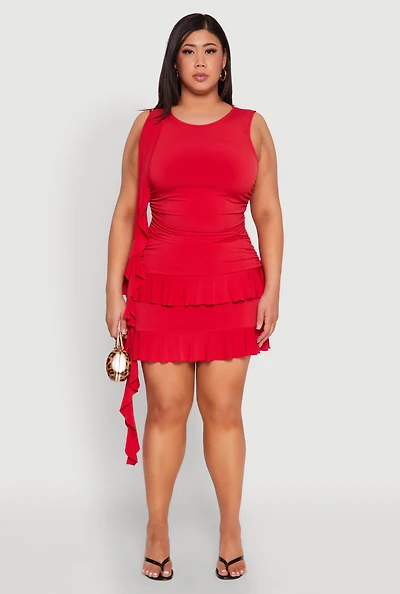 Womens Plus Size Ruched Tiered Ruffle Trim Skirt, Red, Size 2X