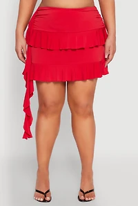 Womens Plus Size Ruched Tiered Ruffle Trim Skirt, Red, Size 3X
