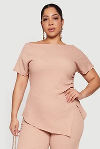 Plus Textured Knit Side Slit Asymmetrical Blouse