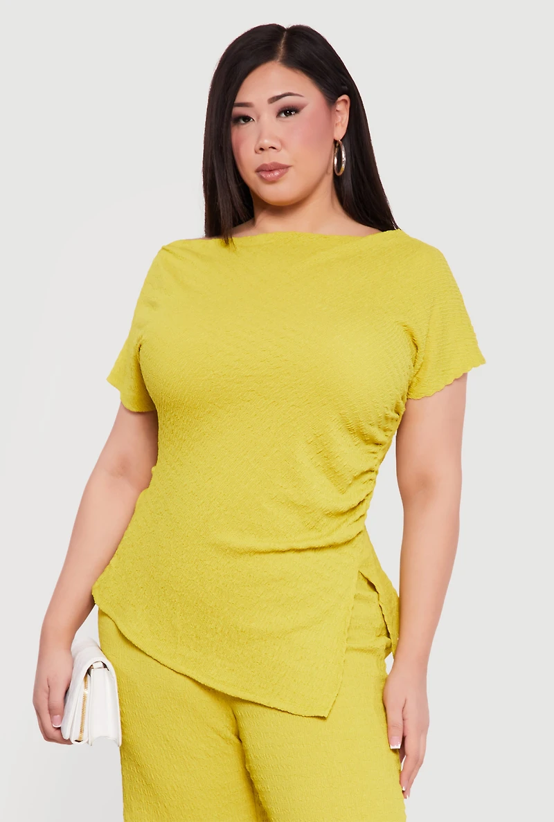 Plus Textured Knit Side Slit Asymmetrical Blouse