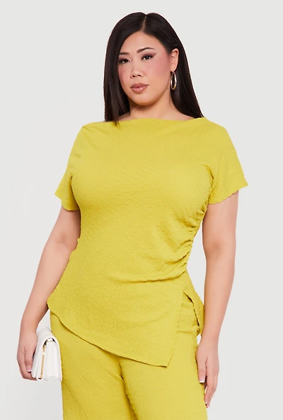 Plus Textured Knit Side Slit Asymmetrical Blouse