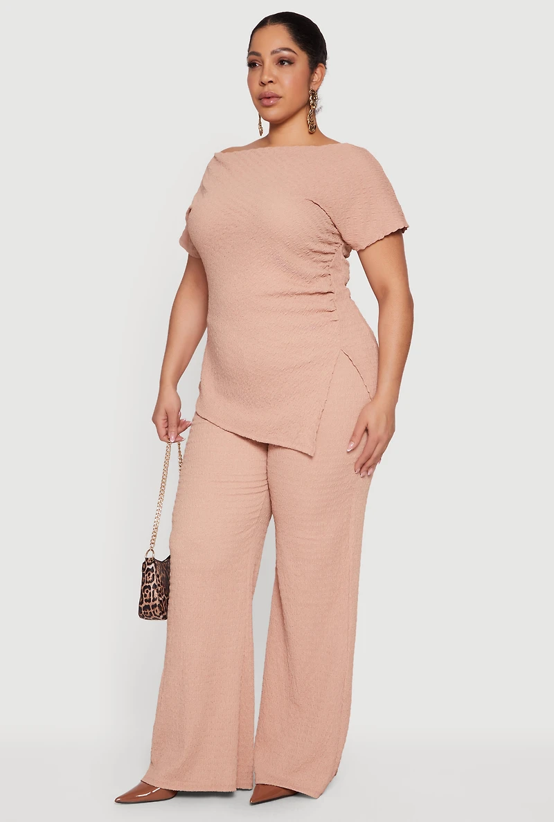 Plus Textured Knit High Waisted Wide Leg Pants