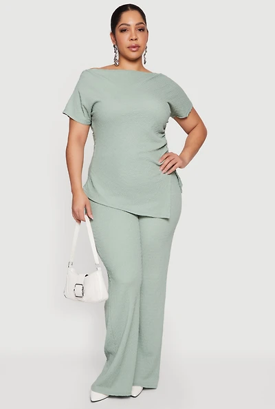 Plus Textured Knit High Waisted Wide Leg Pants