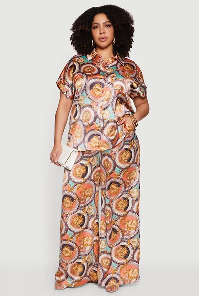 Plus Satin High Waisted Wide Leg Pants
