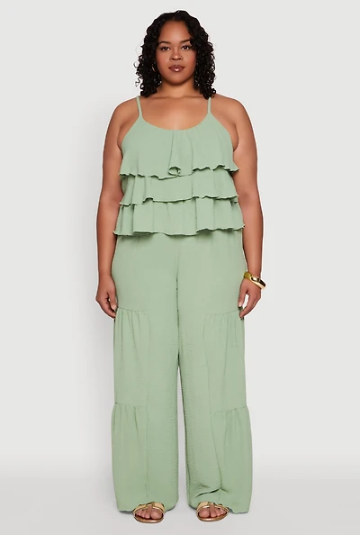 Womens Plus Size Airy Tiered Palazzo Pants, Green, Size 2X
