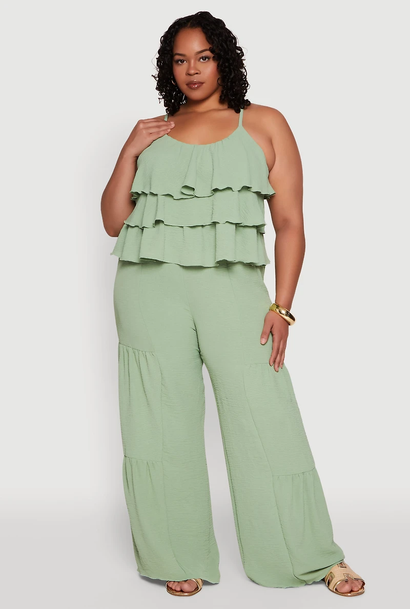 Womens Plus Size Airy Tiered Palazzo Pants, Green, Size 3X