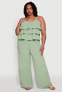 Womens Plus Size Airy Tiered Palazzo Pants, Green, Size 3X