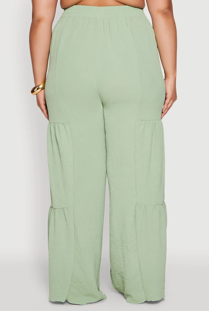 Womens Plus Size Airy Tiered Palazzo Pants, Green, Size 3X