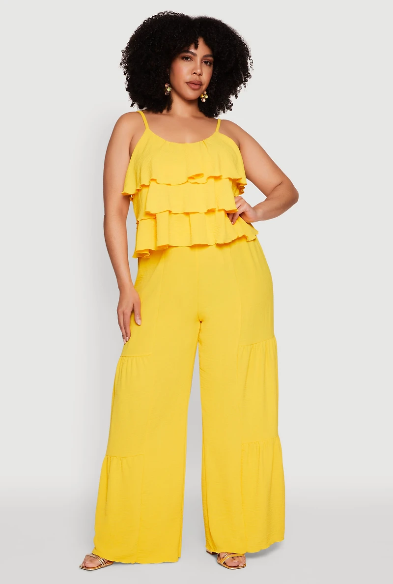 Womens Plus Size Airy Tiered Palazzo Pants, Yellow, Size 2X