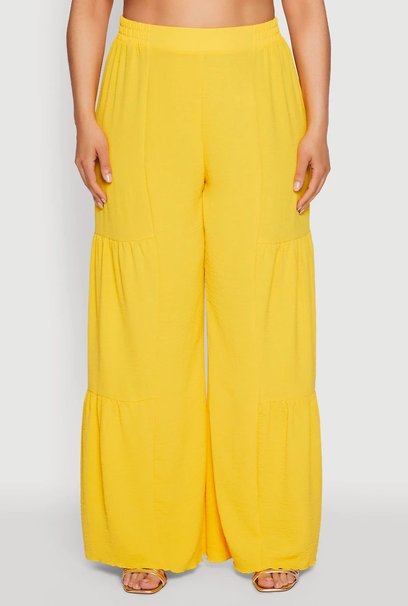 Womens Plus Size Airy Tiered Palazzo Pants, Yellow, Size 2X