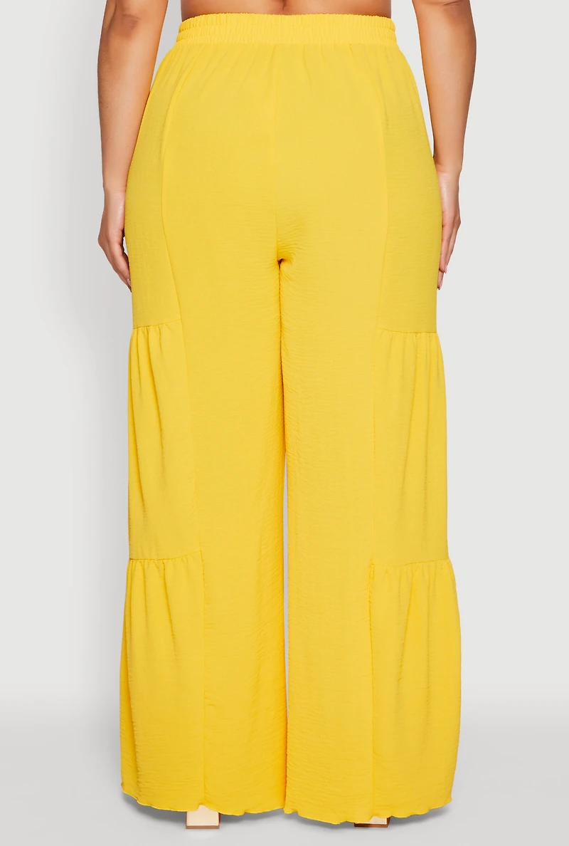 Womens Plus Size Airy Tiered Palazzo Pants, Yellow, Size 2X